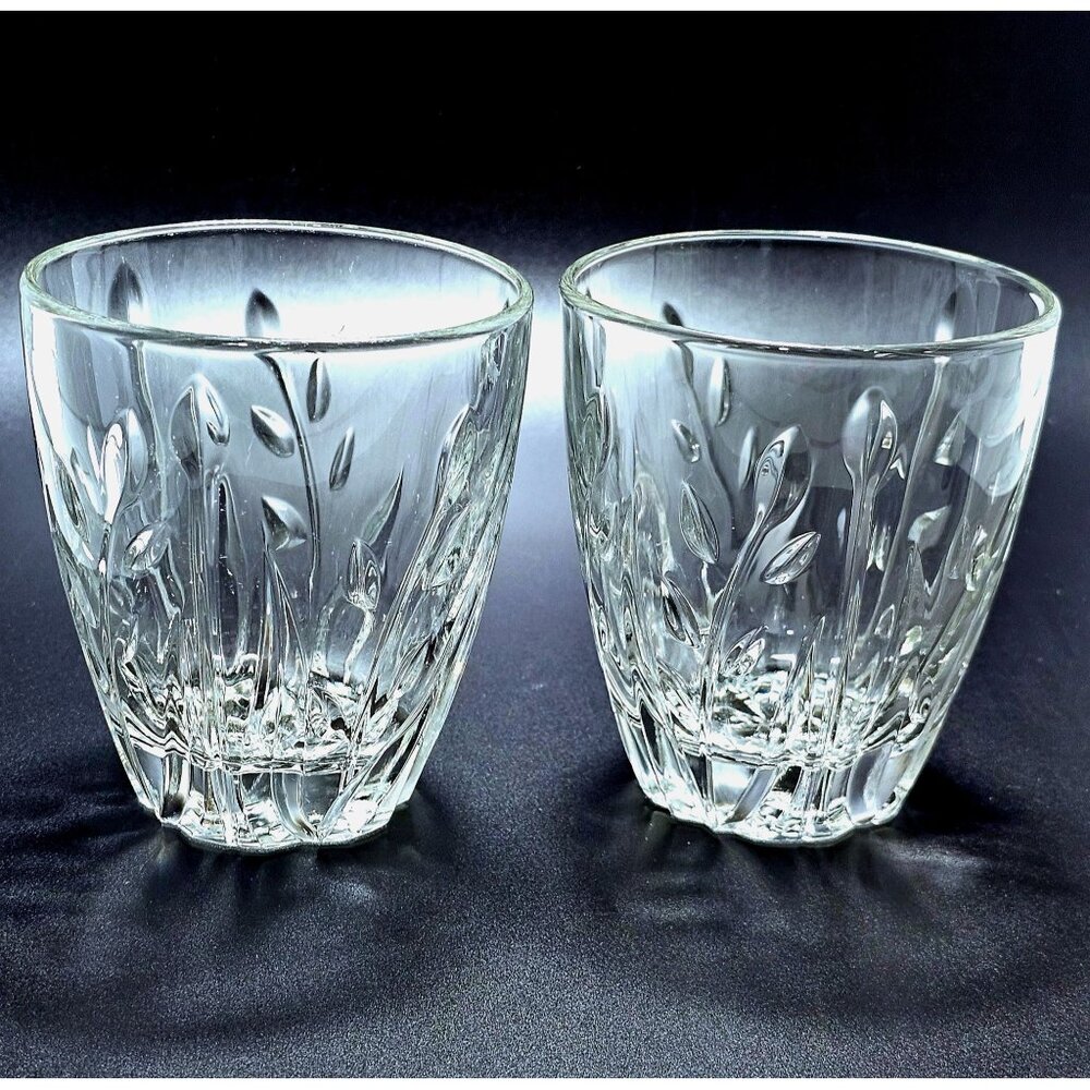 2 Cristal d'Arques Cassandra Rocks Glass 4" whiskey cut crystal plant design boh